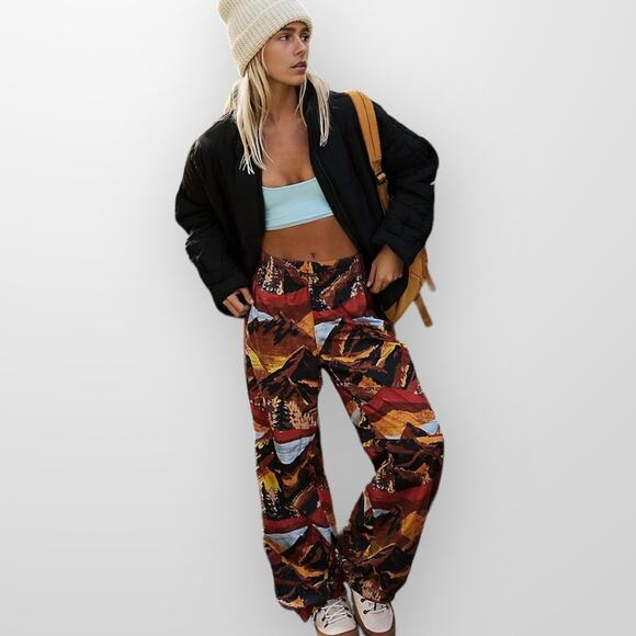 Med FP Free People Printed EndZone TrackPants Ski Nic Route Mocha Apres Mountain - Picture 2 of 15